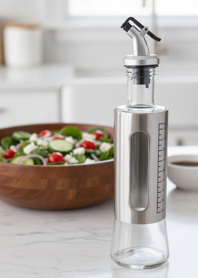 Dispensador de Aceite 300 ml – Marley Harmony | Vidrio y Acero Inoxidable con Boquilla Antigoteo y Medidor Preciso