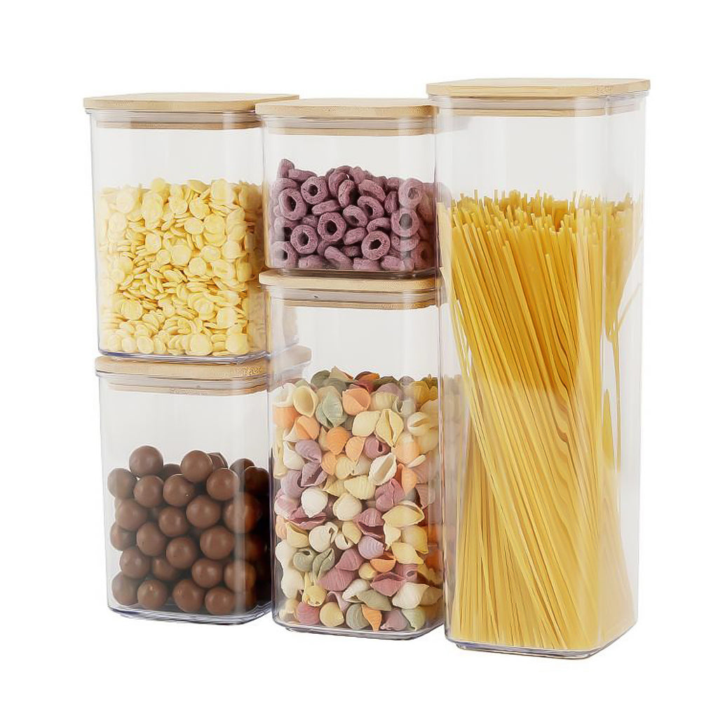 Set de 5 Tarros Herméticos con Tapa de Bambú – Marley Harmony | Diseño Natural y Sellado Perfecto