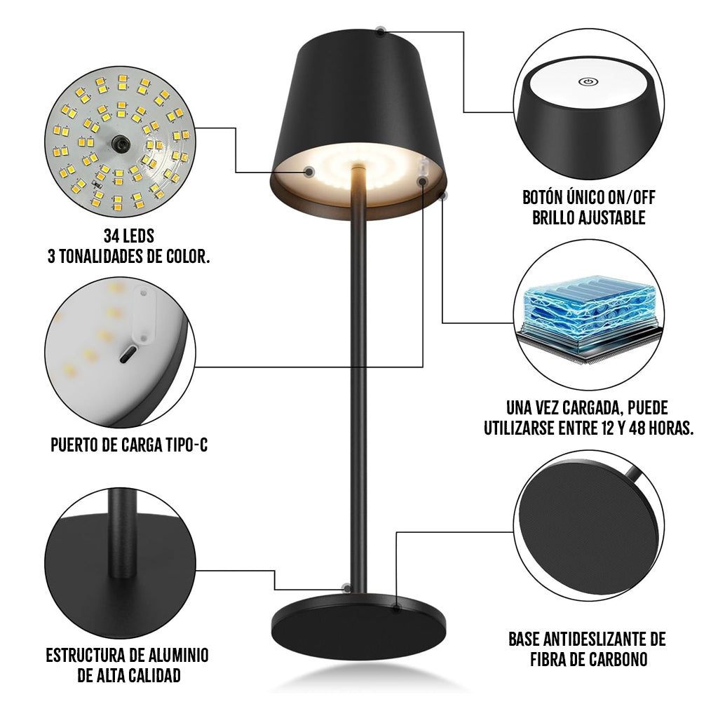 Lámpara de Escritorio LED Recargable – Marley Harmony  | Luz Regulable & Batería 9–48 h Negro